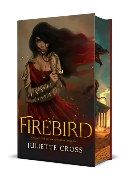 The firebird book cover by juliette cross shows a woman in an ornate red gown with fire and stormy skies in a world where she confronts a roman general