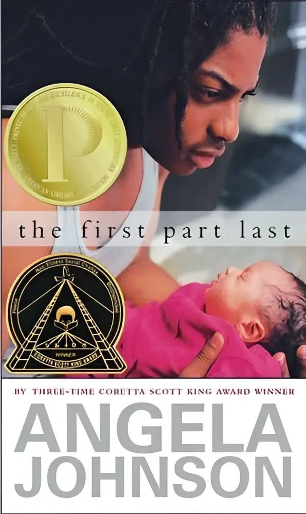 De paperback the first part last van angela johnson toont een man die een baby vasthoudt en twee gouden prijzen heeft