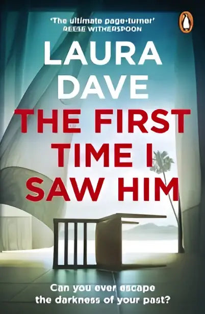 De hardcover van the first time i saw him door Laura Dave heeft een opvallende blauwe en witte cover met rode tekst
