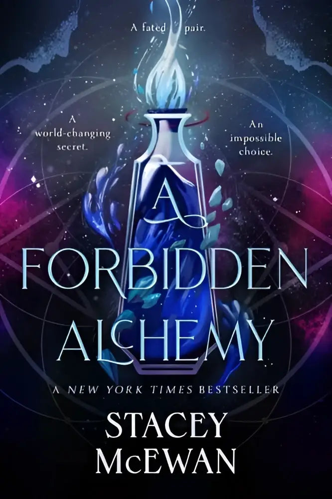 Een gloeiende blauwe alchemistische fles met ingewikkeld zilverwerk en kosmische patronen van the forbidden alchemy