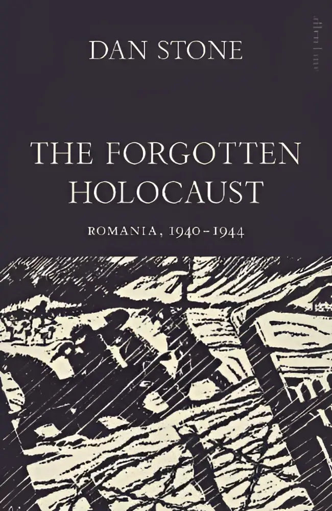 Donkergrijze boekomslag van the forgotten holocaust met zwart-witte houtsnede en titel van dan stone