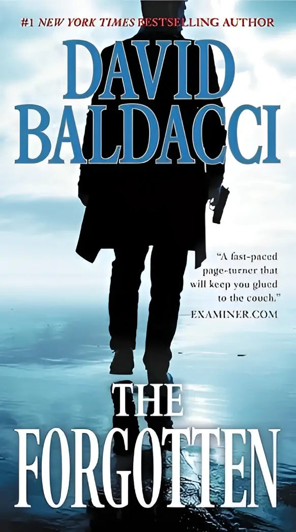 The forgotten large print hardcover book by david baldacci with a dark silhouette man against cloudy sky reflection