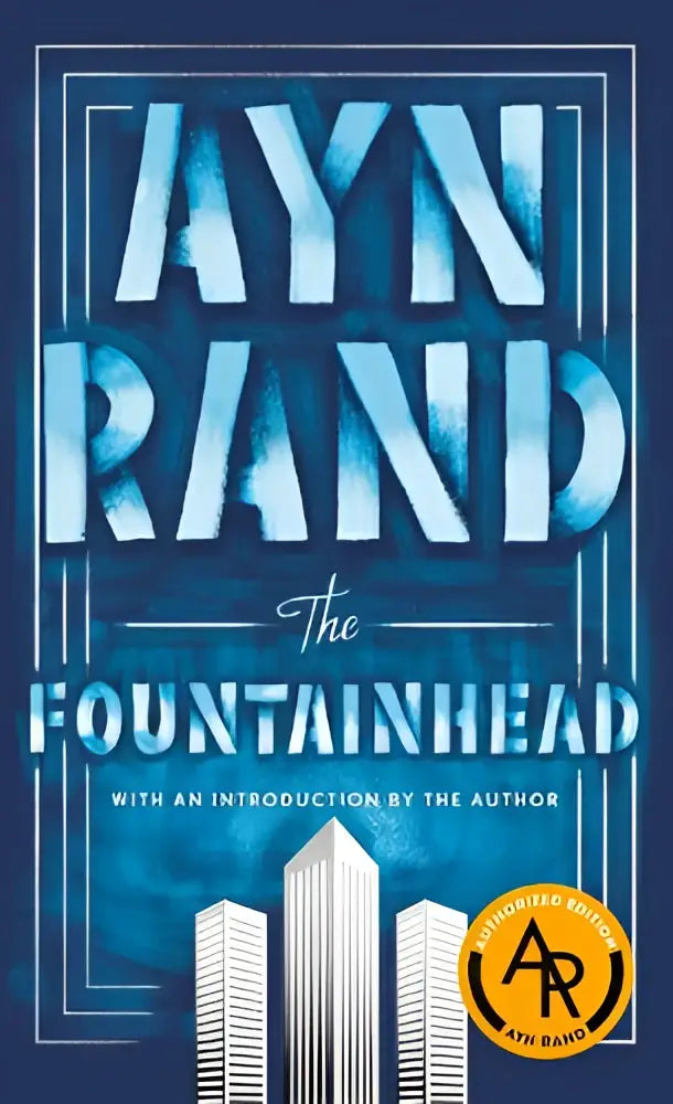 The fountainhead hardcover 40th anniversary edition met blauwe en witte geometrische typografie op een marineblauwe achtergrond