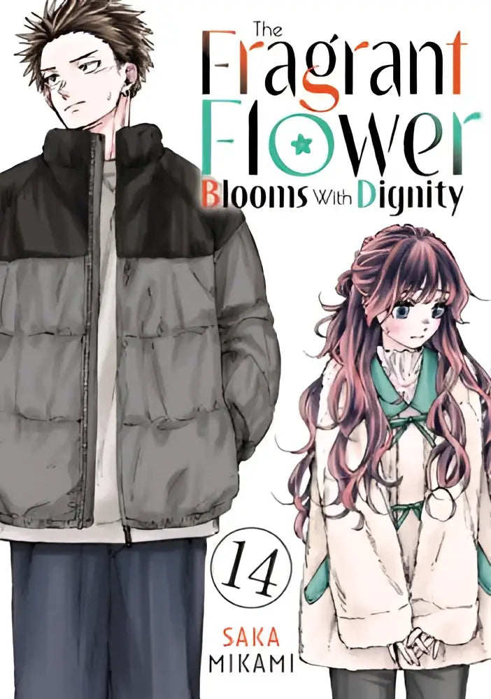 The fragrant flower blooms with dignity volume 14 manga cover features a black and gray quilted puffer jacket