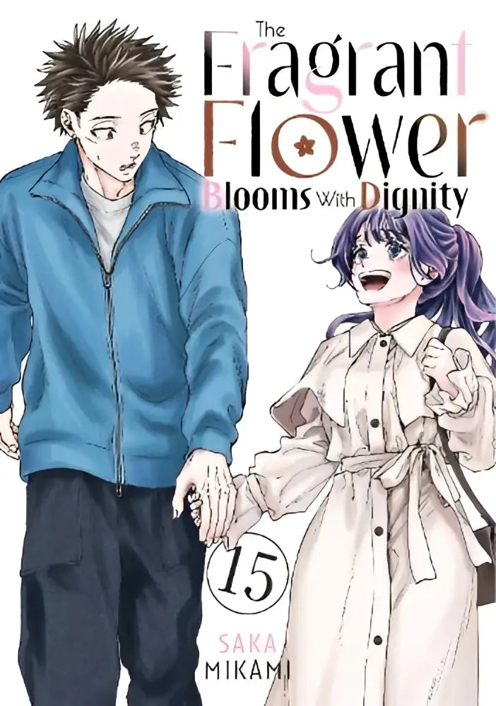 De cover van the fragrant flower blooms with dignity volume 15 toont twee animepersonages die hand in hand staan tegen een witte achtergrond