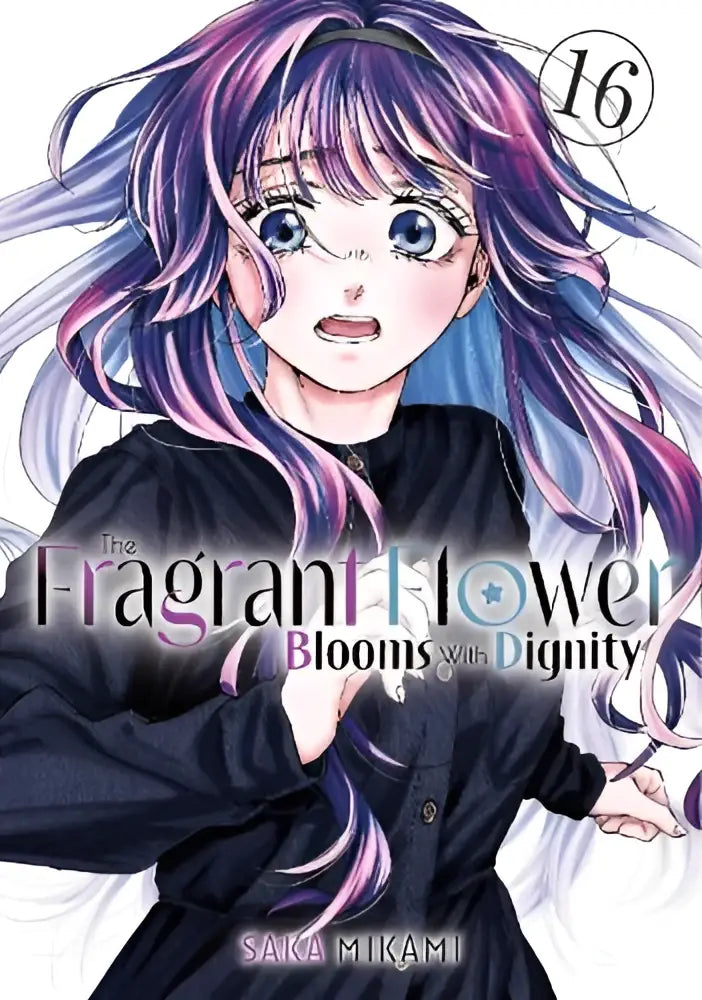 De cover van the fragrant flower blooms with dignity volume 16 toont een anime meisje met paarsblauw haar in zwart kleding