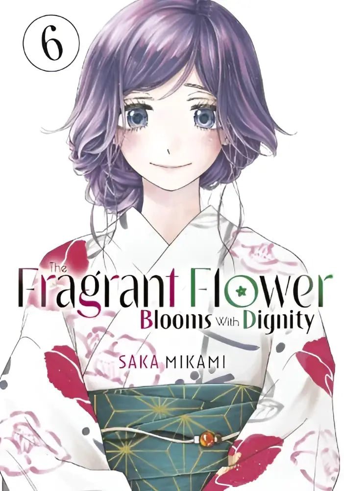 De zesde volume van the fragrant flower manga toont een anime meisje in een wit rode kimono met een teal obi