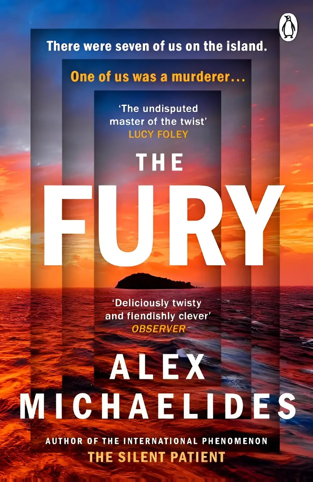 The fury van alex michaelides is een paperback psychologische thriller met een oranje en blauwe zonsondergang op de omslag