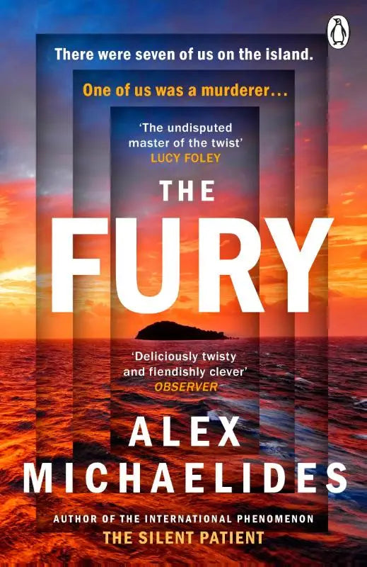 De fury door alex michaelides is een thrillerroman van penguin books met witte letters op een oranje en blauwe zonsondergang