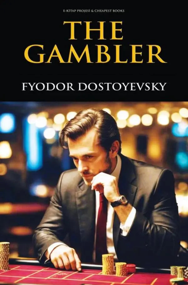 De gambler van fyodor dostojewski boekcover met gouden letters op zwart en man in donker pak aan casinotafel