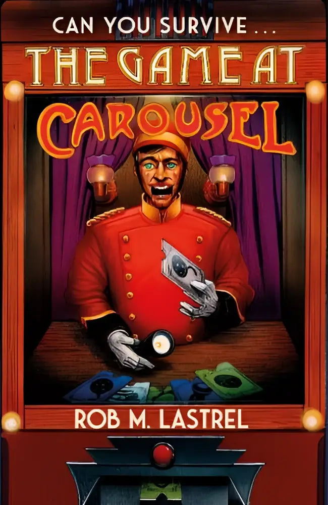 The game at carousel book cover shows a menacing carnival barker in red with silver dollar and scattered bills from 3am books