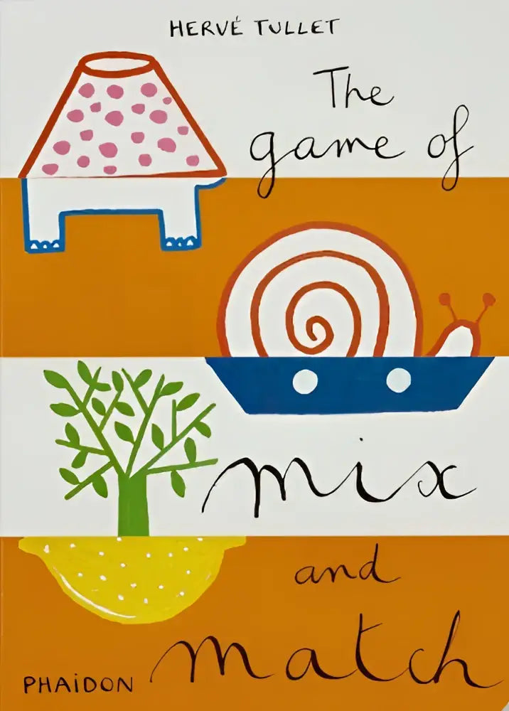 The game of mix and match children’s book with colorful illustrations of a polka-dotted house snail and tree on orange background