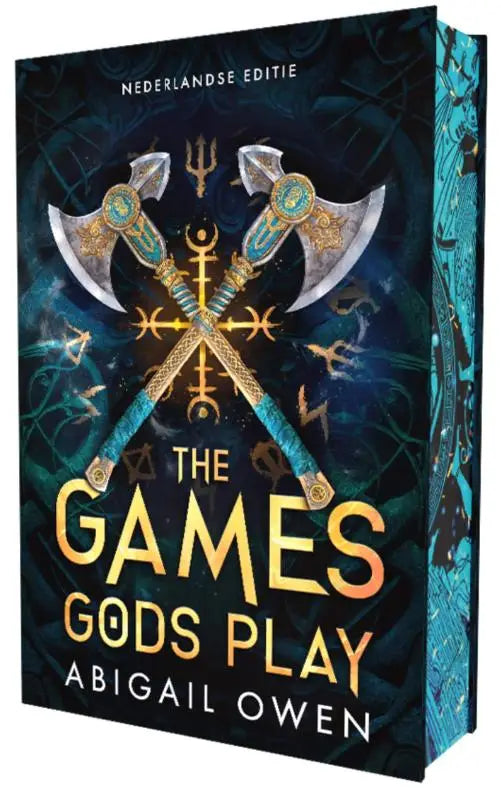 The games gods play hardcover book with ornate dark blue cover featuring two gold and teal crossed axes