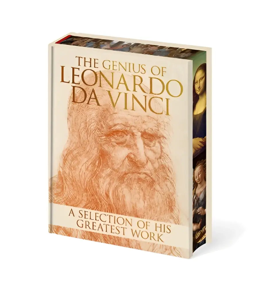 Een creamkleurig hardback boek getiteld the genius of leonardo da vinci met een gedetailleerde schets van da vinci