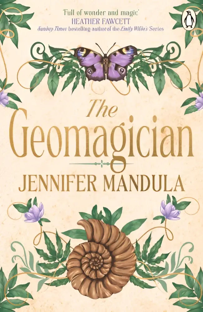 The geomagician door jennifer mandula fantasy romance boek met paarse vlinders en groen gebladerte op crèmekleurige omslag