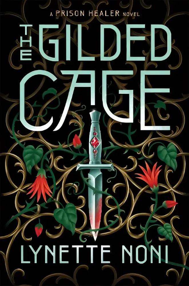 The gilded cage conclusion to the prison healer features a gilded dagger with a red gemstone on an ornate black background