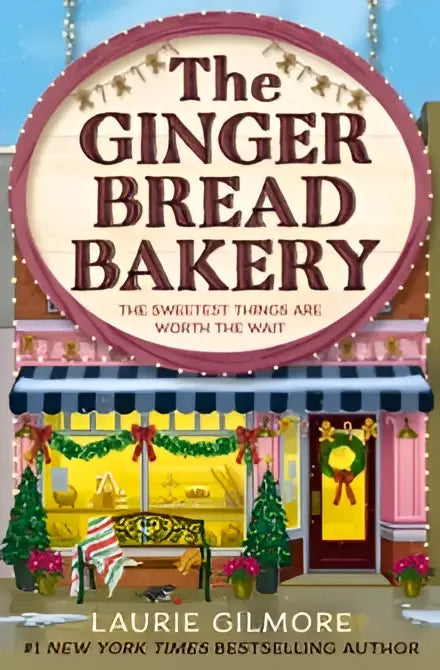 The gingerbread bakery boekomslag toont een charmante droom haven winkel met feestelijke guirlandes en kransen