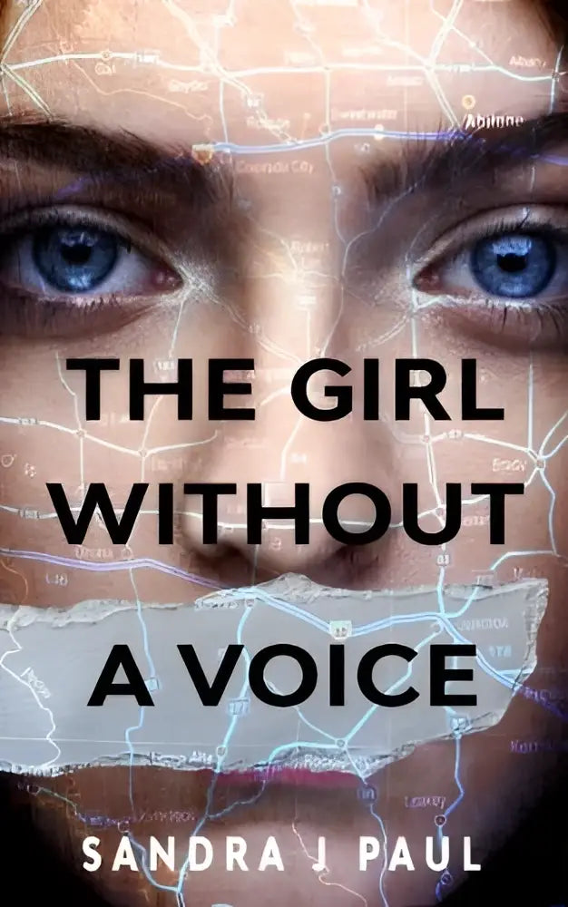 Cover van het boek the girl without a voice door sandra j met vrouwelijke hoofdrolspeelster zonder stem op pale achtergrond