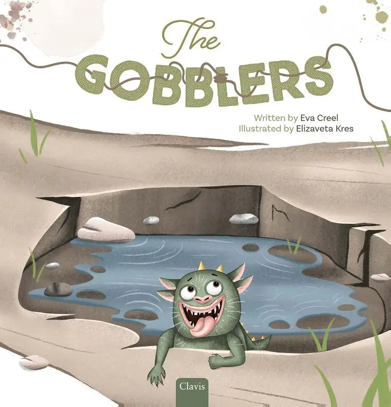 Groen geïllustreerd kinderboek de gobblers met cartoonachtig monster dat uit modderige vijver gluurt voor jonge lezers