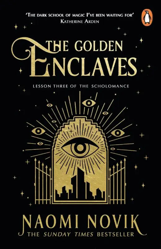 The golden enclaves boekomslag met goud gegraveerd ontwerp en oog binnen boog sluit de sunday times dark academia trilogie af