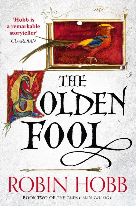De gouden fool boekomslag toont een kleurrijke vogel in een gedetailleerd rood kader voor de golden fool serie