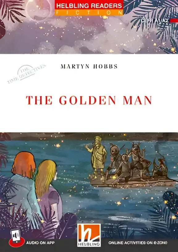 Boekomslag De gouden man van Martyn Hobbs met kinderen en gouden figuur op vlot onder sterrenhemel