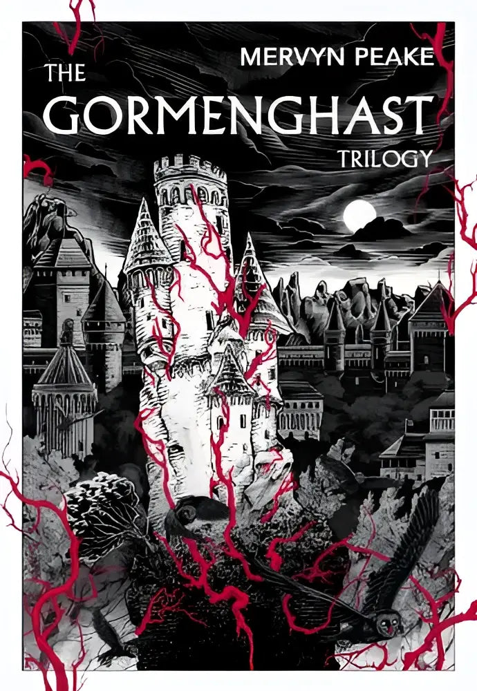 Black and white illustrated book cover of the gormenghast trilogy featuring a gothic castle with red vein-like patterns