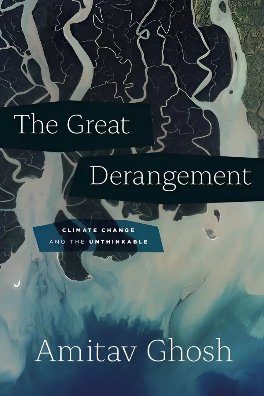 Hardcover boek the great derangement met blauw-wit abstract kaartontwerp over climate change and the unthinkable