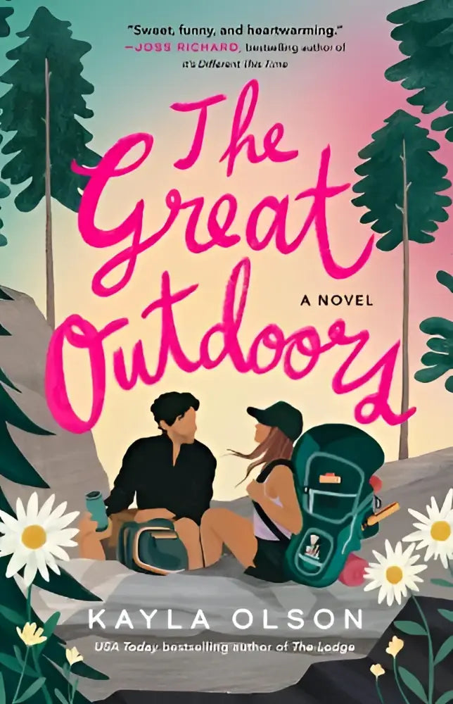 The great outdoors - a novel with vibrant pink and green cover showing two people sitting outdoors near trees