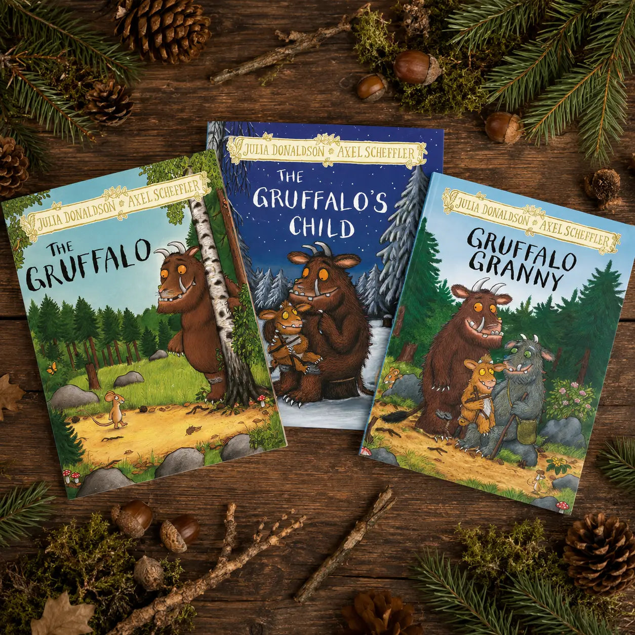 Drie hardback kinderboeken van de gruffalo serie door julia donaldson en axel scheffler met kleurrijke bosillustraties