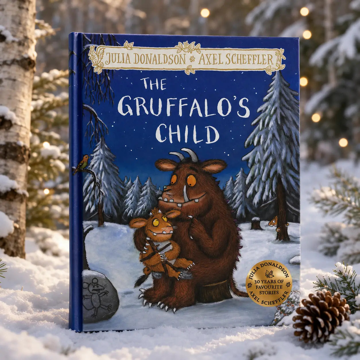 Blauwe hardback gift edition kinderboek de gruffalo’s child door julia donaldson en axel scheffler met illustratie van de gruffalo in een besneeuwd bos