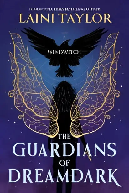 De omslag van the guardians of dreamdark windwitch toont een donkere faerie fantasy met een zwarte vogel en gouden vleugels