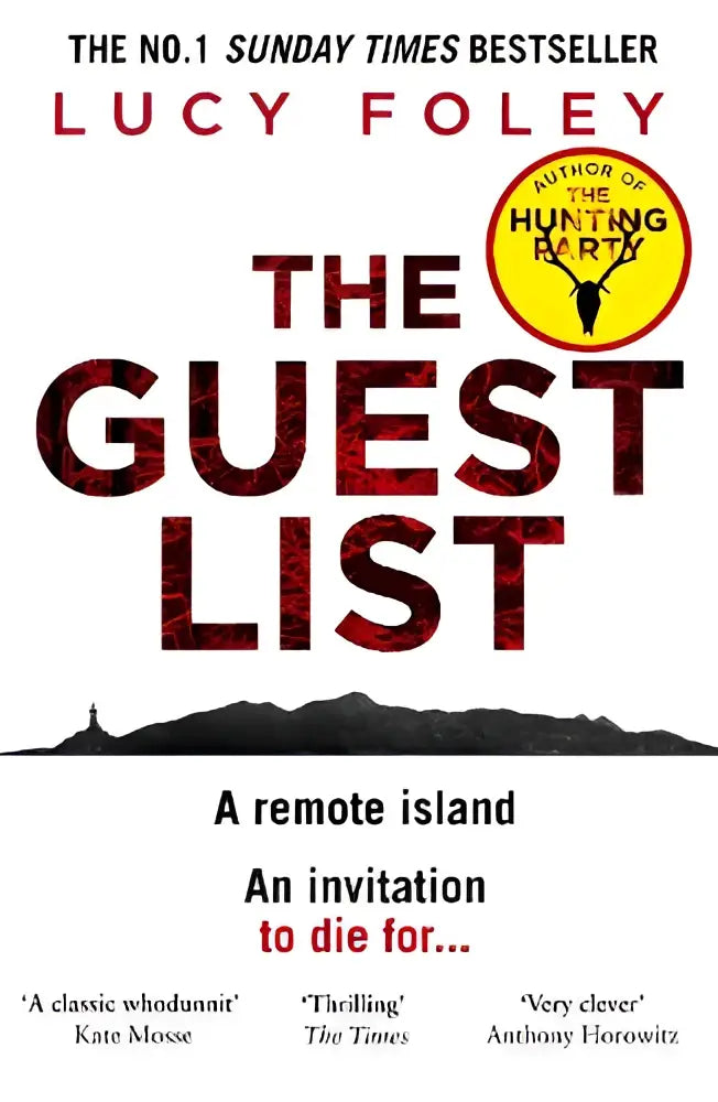 The guest list thriller novel by lucy foley with bold red and black lettering on a dark mountain silhouette background
