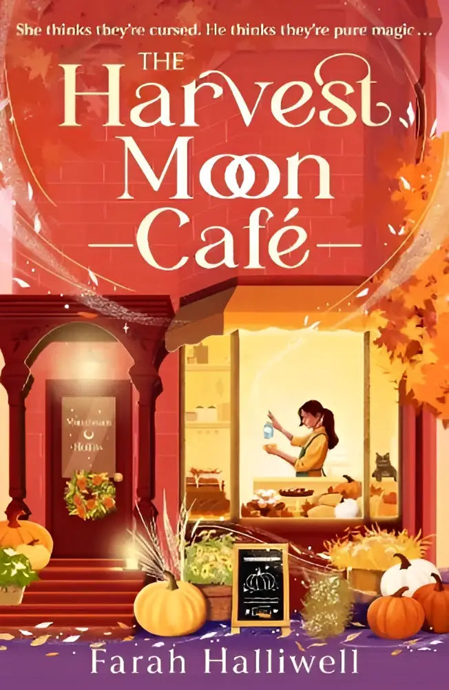 The harvest moon café boekomslag toont een warm herfstillustratie van een gezellige rode bakstenen café met gouden verlichting