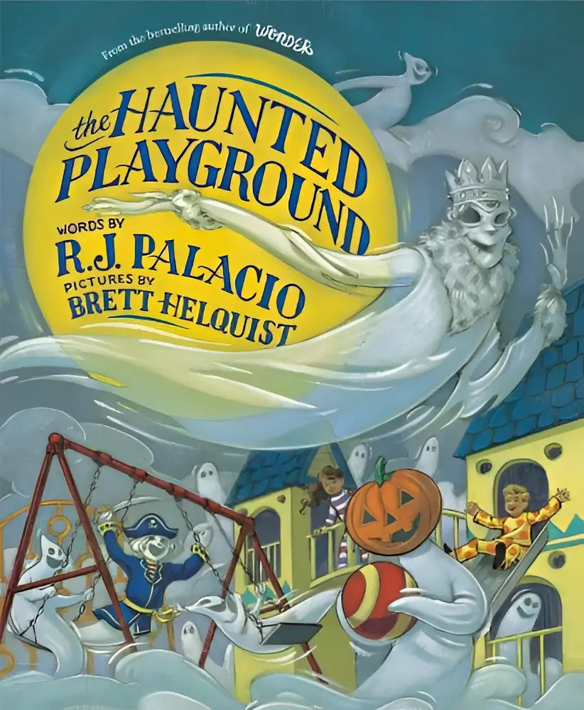 De haunted playground boekcover toont een spookachtig gekroond figuur in witte gewaden tegen een teal lucht
