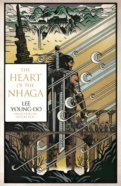 The heart of the nhaga book cover with bold colors and intricate linework featuring the bird that drinks illustration