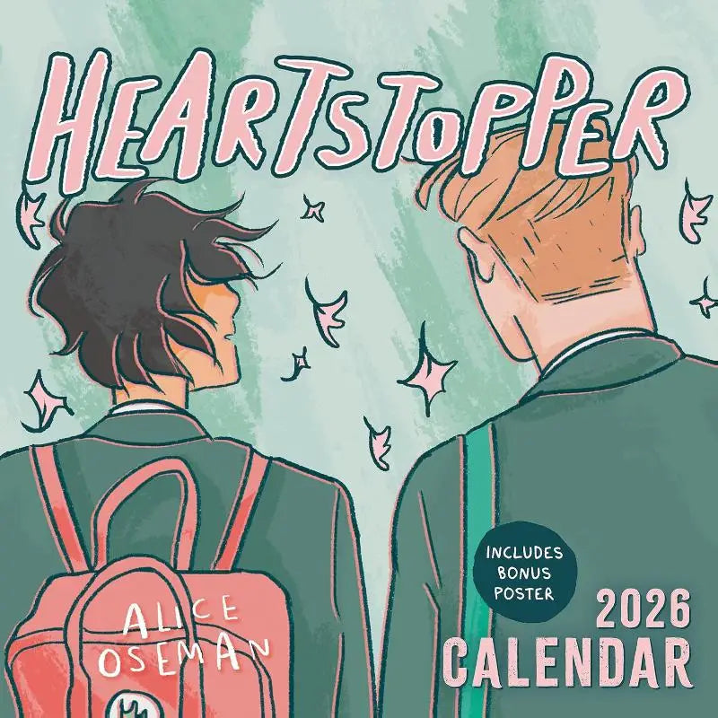 Roze rugzak met witte letters alice oseman bij the heartstopper 2026 kalender met kunst van alice oseman en bonusposter
