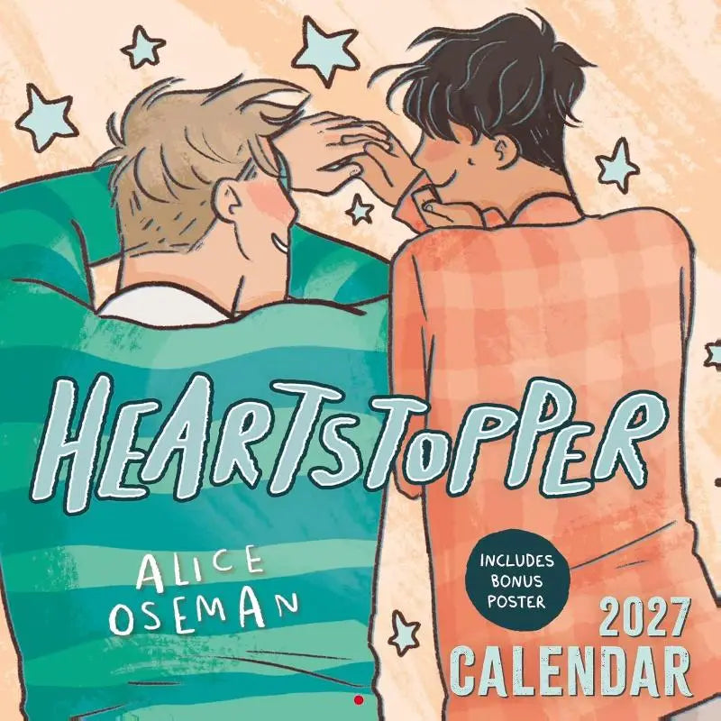 De heartstopper 2027 kalender met illustratie van alice oseman toont twee personages in een gezellige sterrenschap plus bonusposter