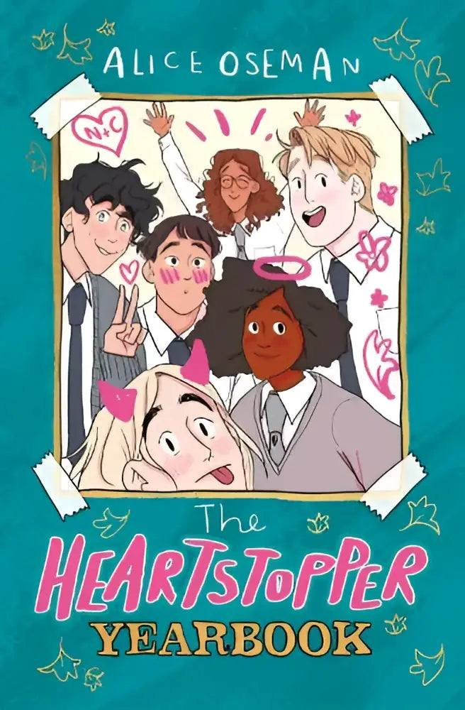 The heartstopper yearbook graphic novel features a vibrant teal cover with illustrated school uniform characters