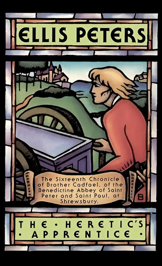 Stained glass book cover of the heretic’s apprentice by ellis peters featuring a woman in red sweater beside green carriage