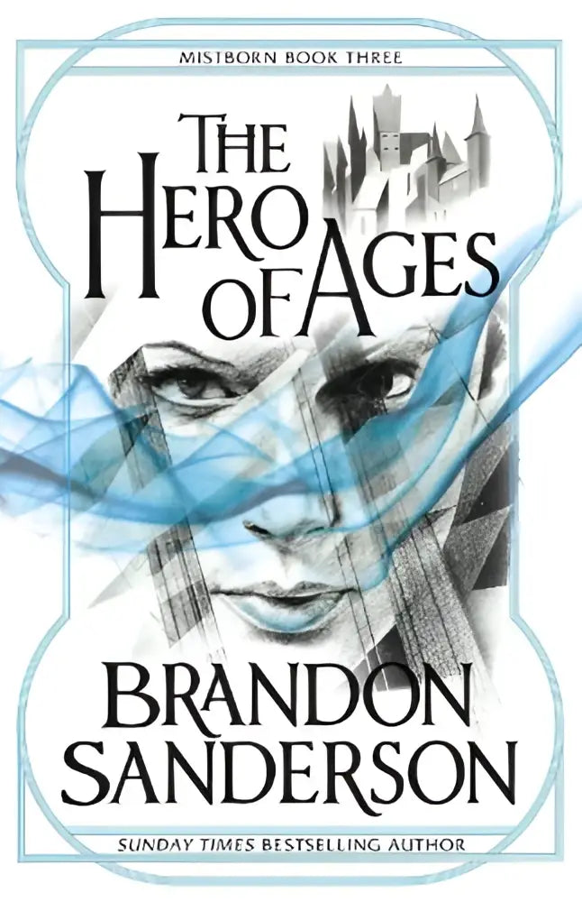 The hero of ages mistborn book three cover features a black and white illustration with blue translucent fabric
