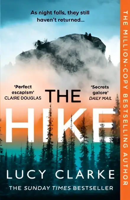 The hike boek met gedurfde witte letters op oranje en teal verloop en mistige bergsilhouetten, perfect voor avontuurlijke lezers