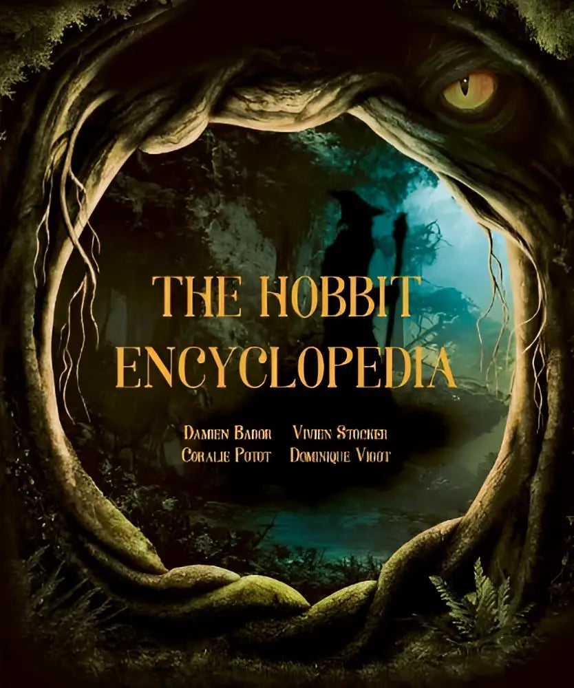 The hobbit encyclopedia fantasy book with gnarled tree roots forming a circle around a glowing eye on the cover