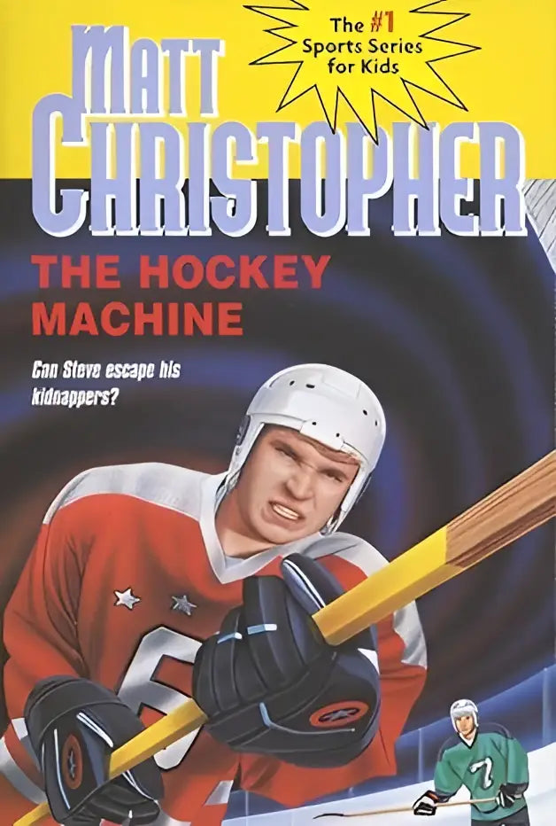 The hockey machine door Matt Christopher toont een jonge hockeyspeler in een rood shirt met witte sterren en nummer 5