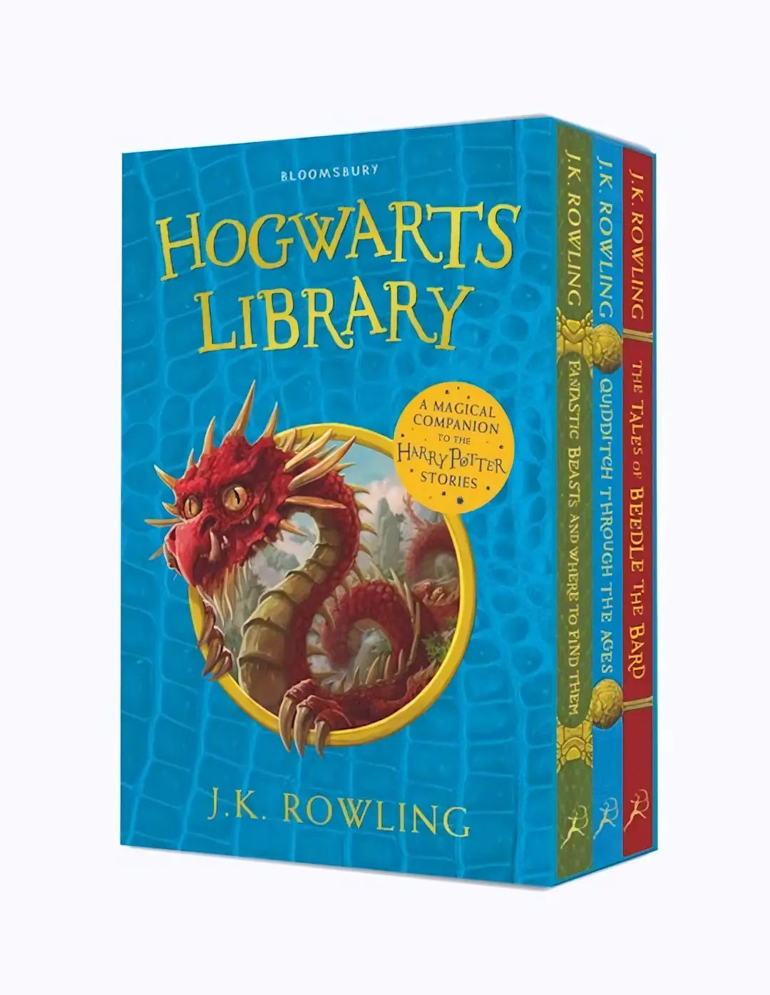 Blauwe hardcover boeken met rode draakillustratie op de cover van bloomsbury the hogwarts library box set paperback