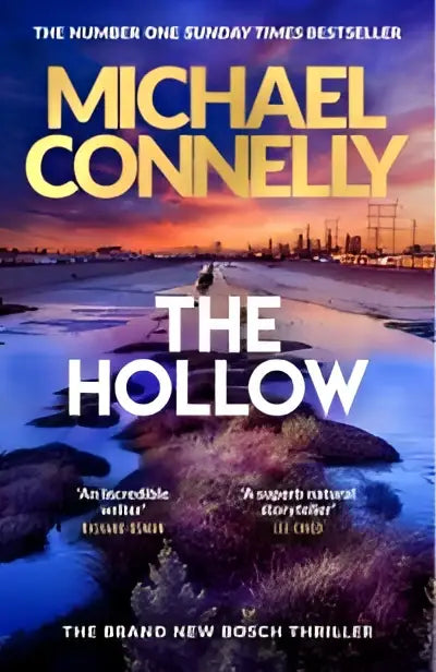 The hollow hardcover book with an orange and purple sunset cover in the brand new bosch novel series by michael connelly