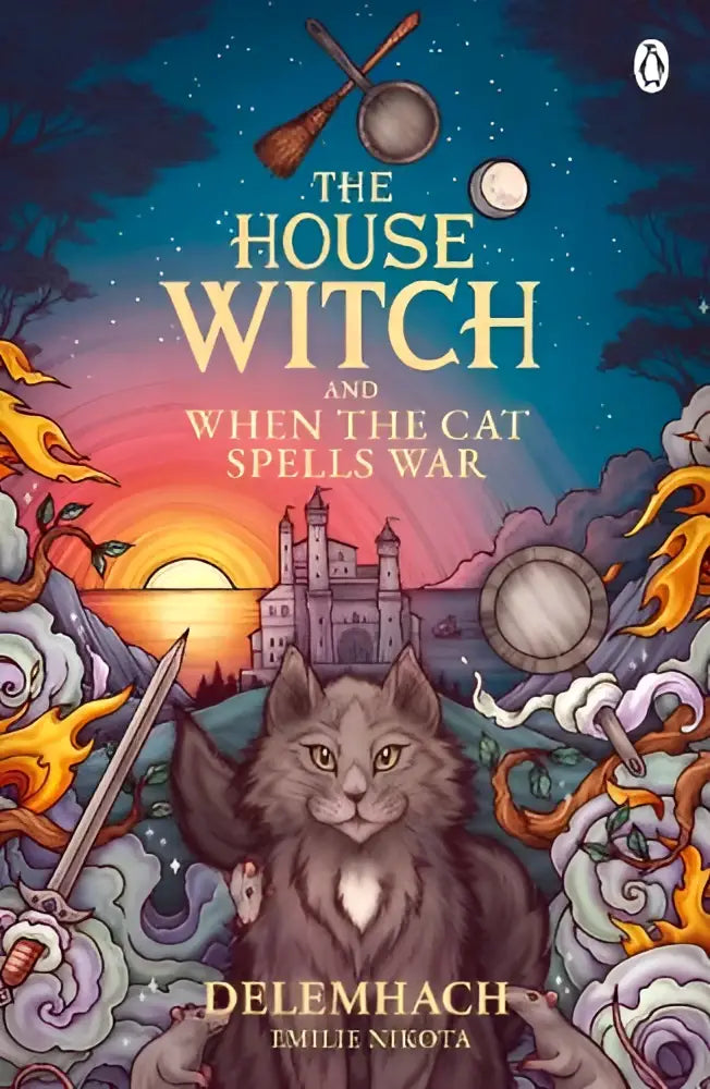 Illustratie van een grijze kat met witte markeringen die een zwaard vasthoudt voor het huis heks boek de perfecte cosy fantasieromance