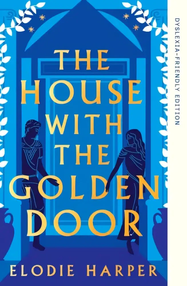 The house with the golden door dyslexia-friendly edition book cover shows two silhouettes before a gold door on a blue background