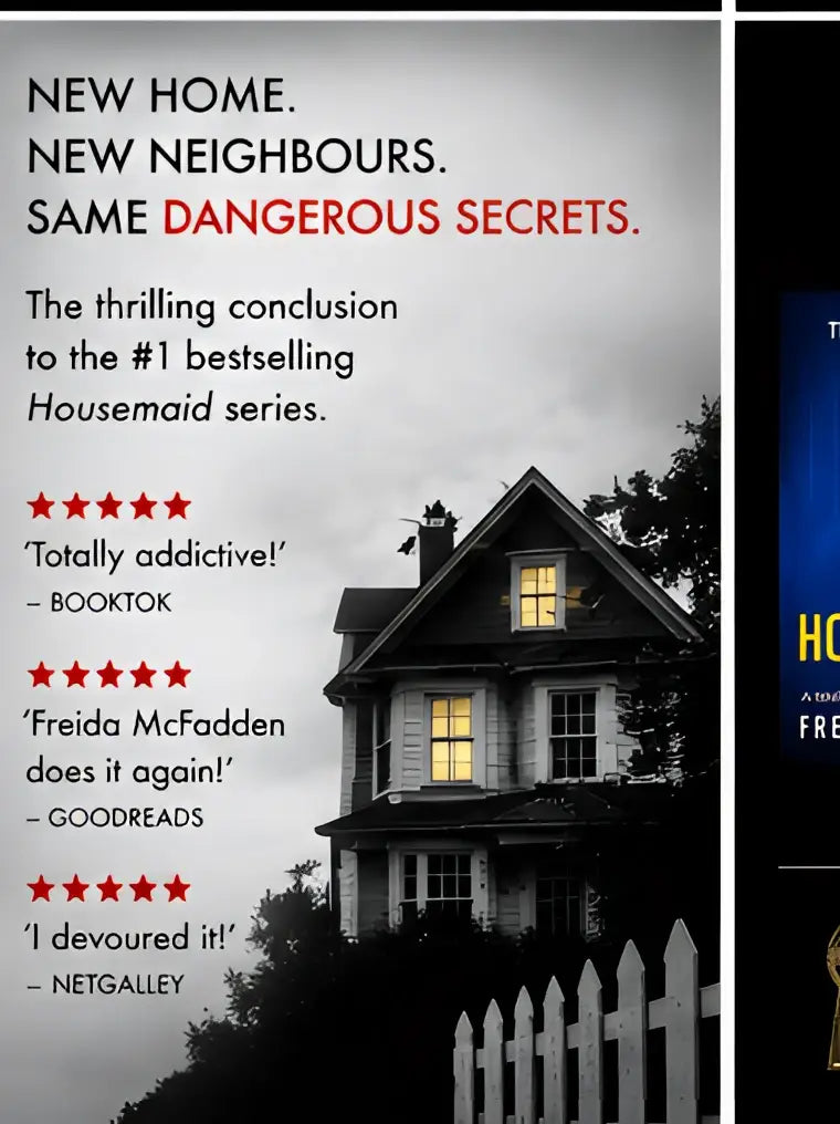 Het boek cover van the housemaid is watching door freida mcfadden toont een zwartwit huis met geel verlichte ramen en witte omheining voor psychologische spanning en verslavende thrillers familie winchester