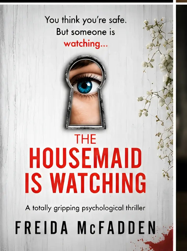 De cover van the housemaid is watching toont een blauw oog binnen een metalen sleutelgat en biedt psychologische spanning